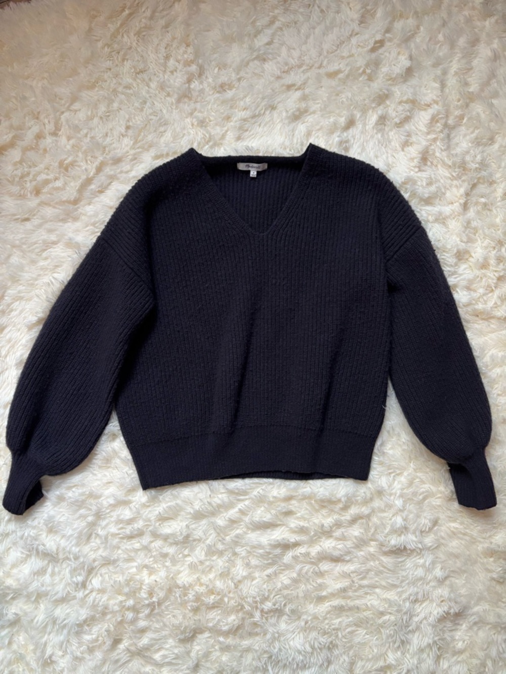 Madewell Wool Blend V-Neck Sweater Women’s M Dark Navy Chunky Knit